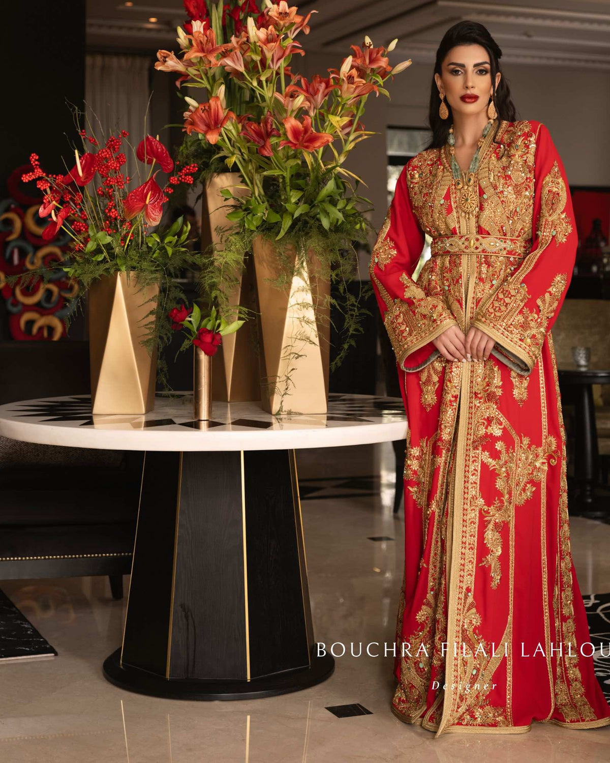 Red Gold gold Moroccan kaftan view with embroidery