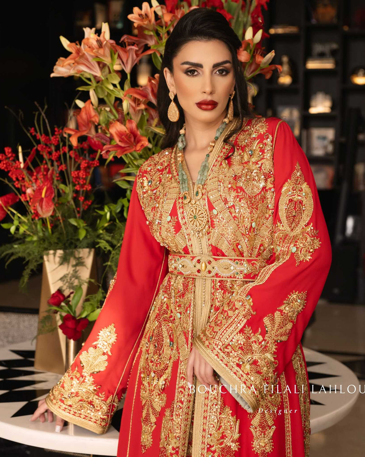 Red Gold caftan marocain with gold embroidery