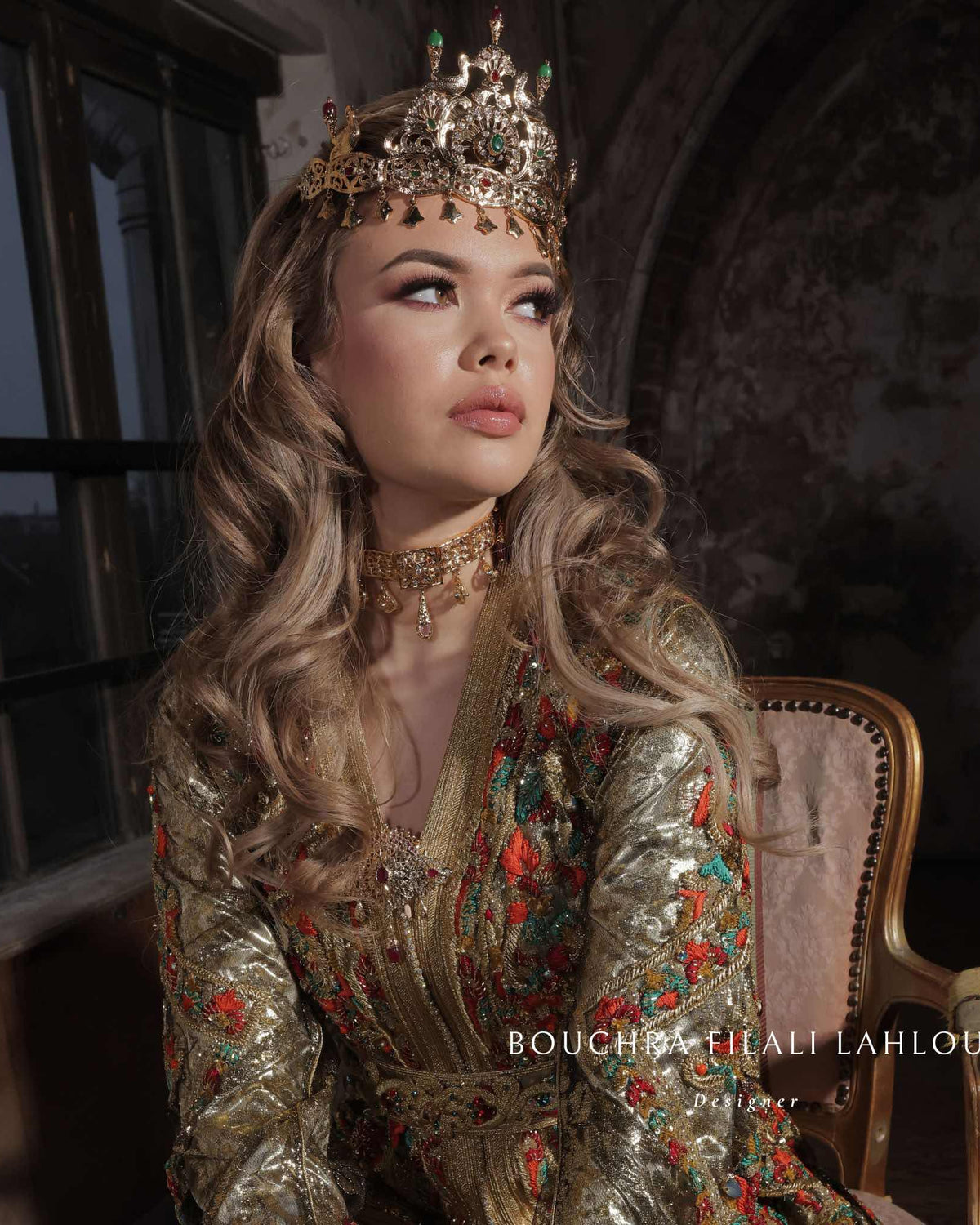 Mina Dentelle Solstiss moroccan kaftan with gold lace detail