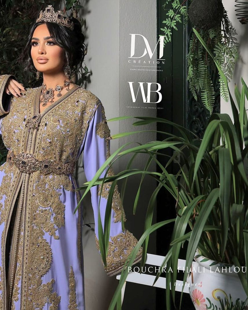 Purple Gold embroidery detail on luxury Moroccan kaftan