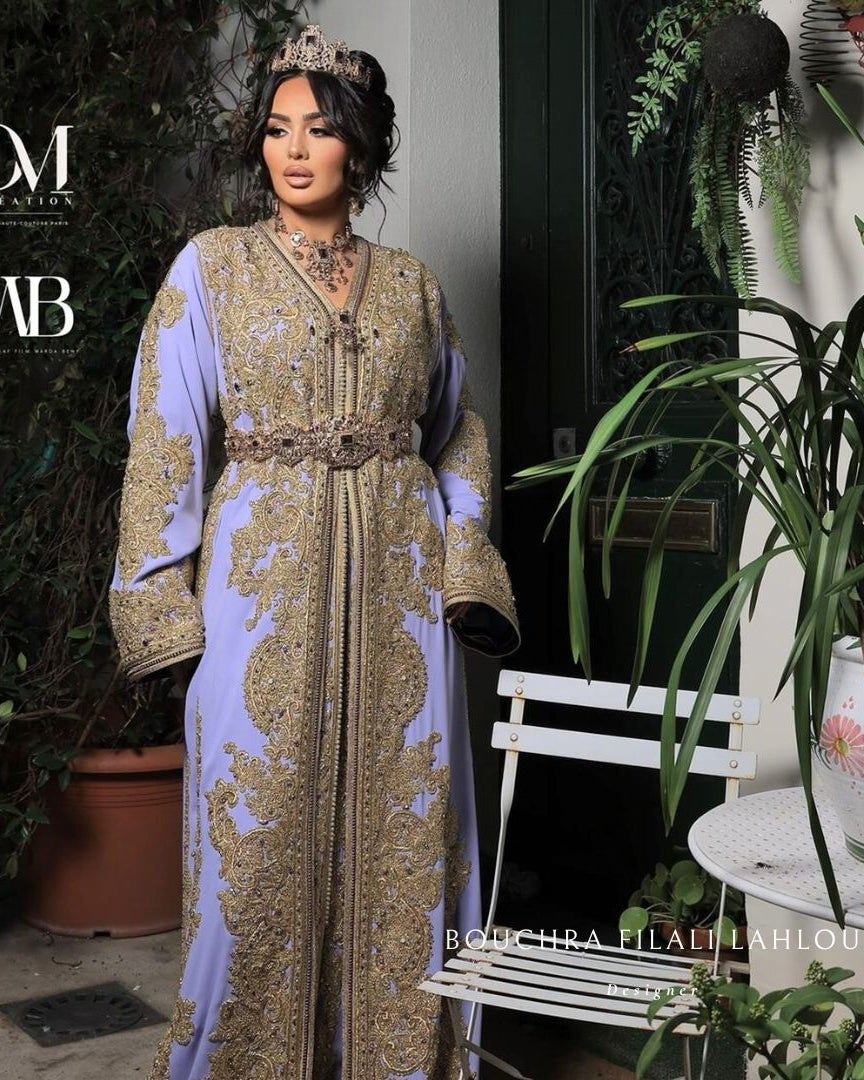 Purple Gold gold Moroccan kaftan view with embroidery