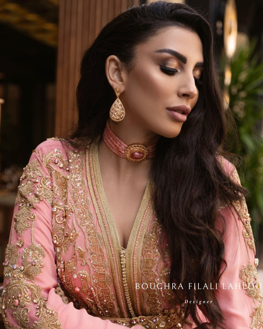 Pink Gold couture detail on luxury Moroccan kaftan