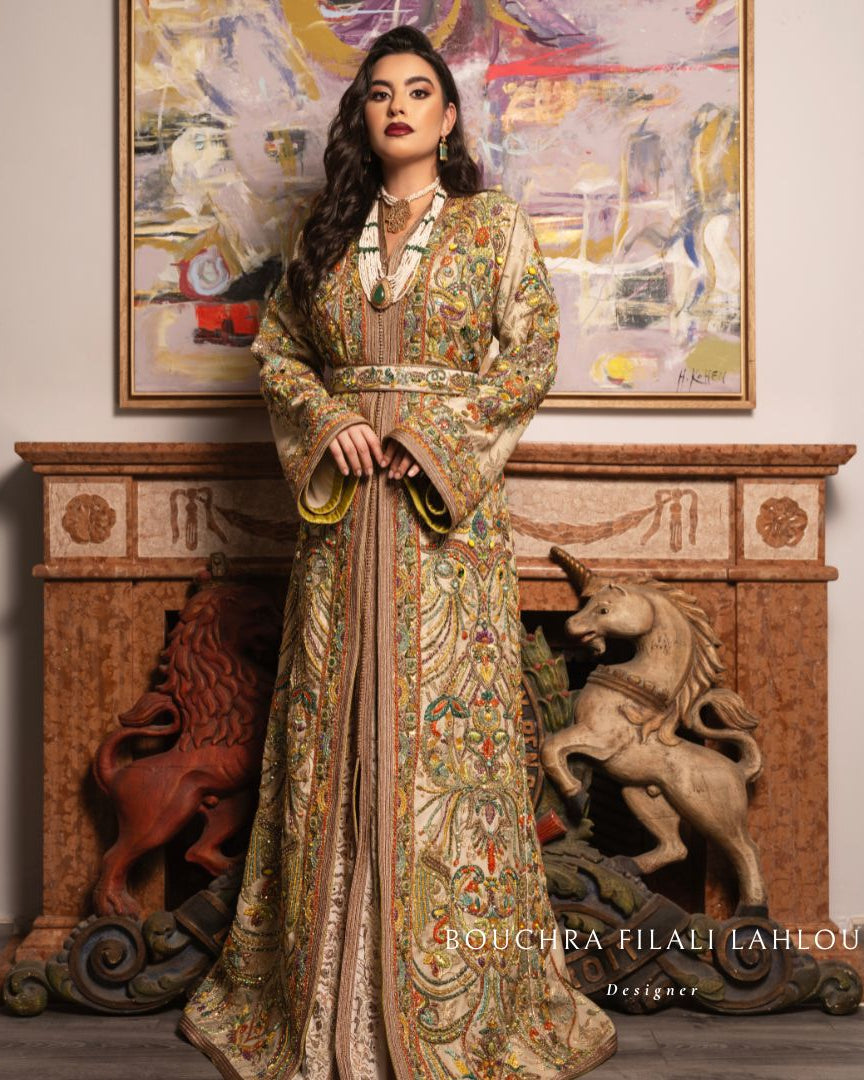 Colored Emerald emerald green Moroccan kaftan view with embroidery