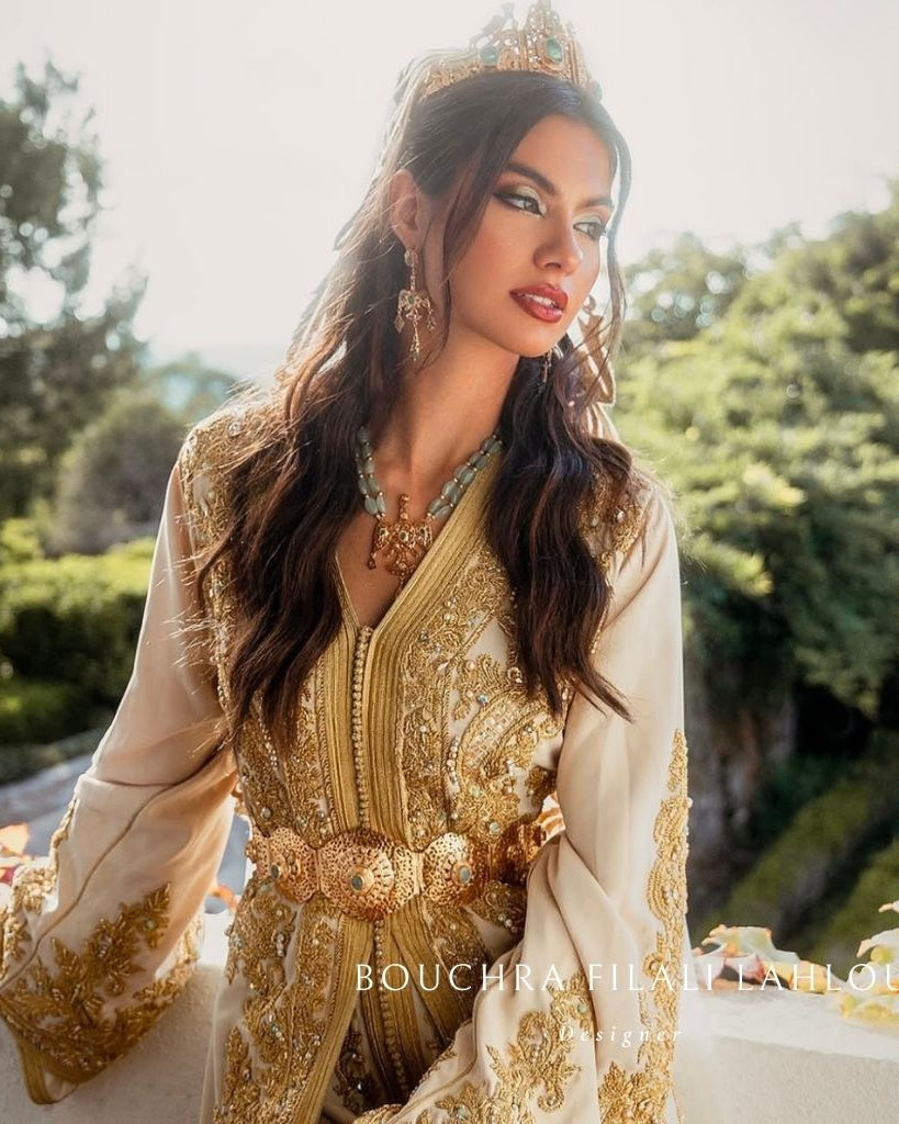 Majestic Melody Golden Ensemble gold Moroccan kaftan view with embroidery