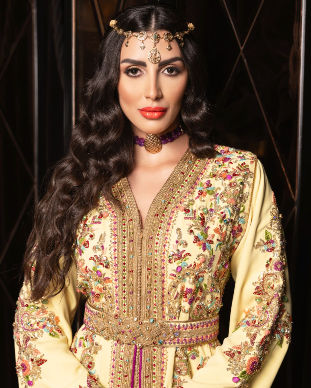Yellow Gold gold Moroccan kaftan view with embroidery