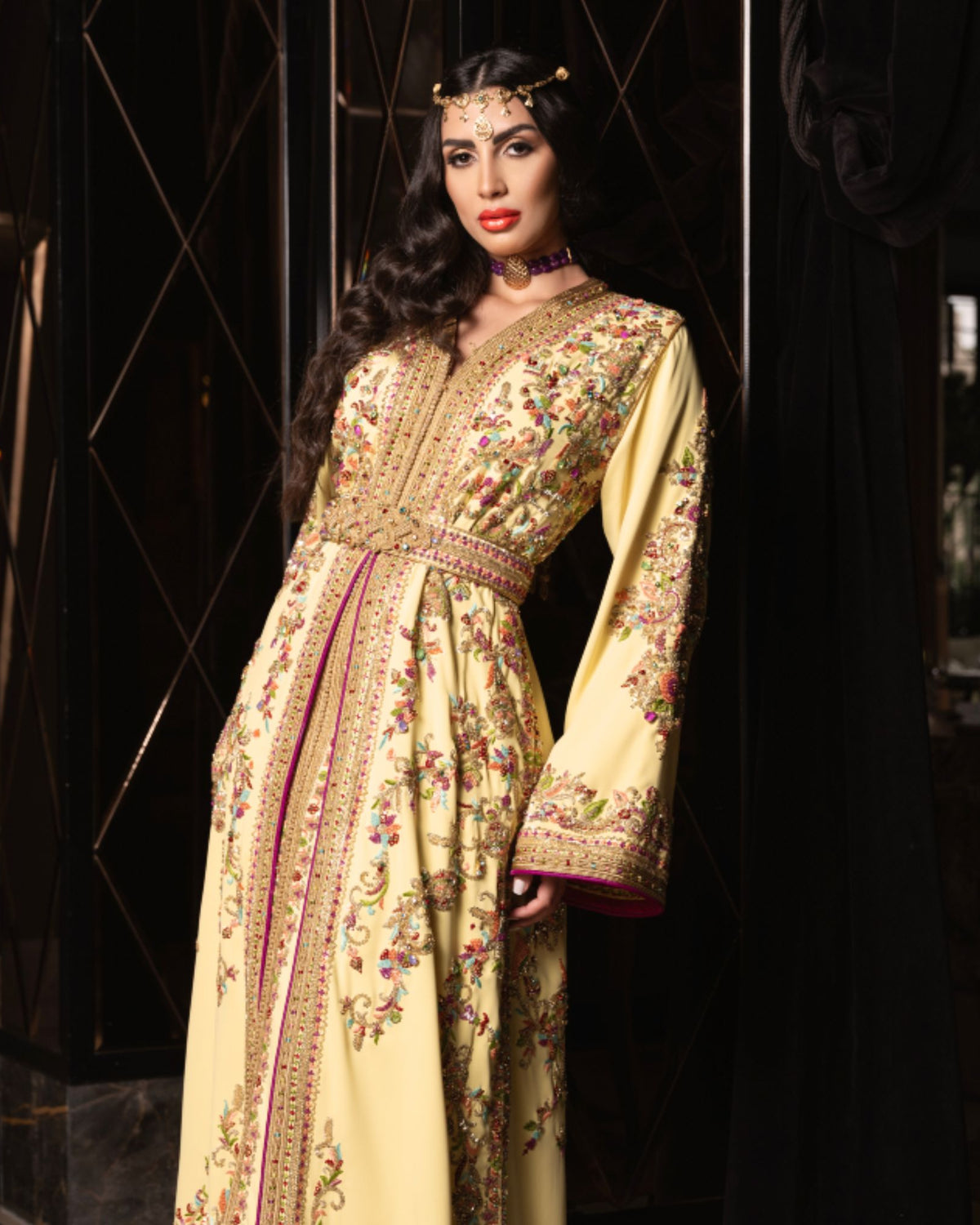 Yellow Gold embroidery detail on luxury Moroccan kaftan