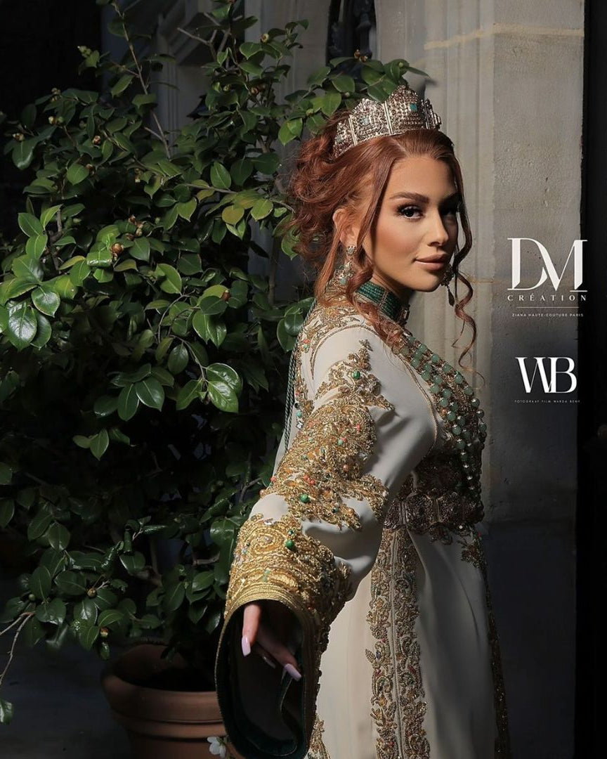 Khadija Ivory ivory Moroccan kaftan view with embroidery