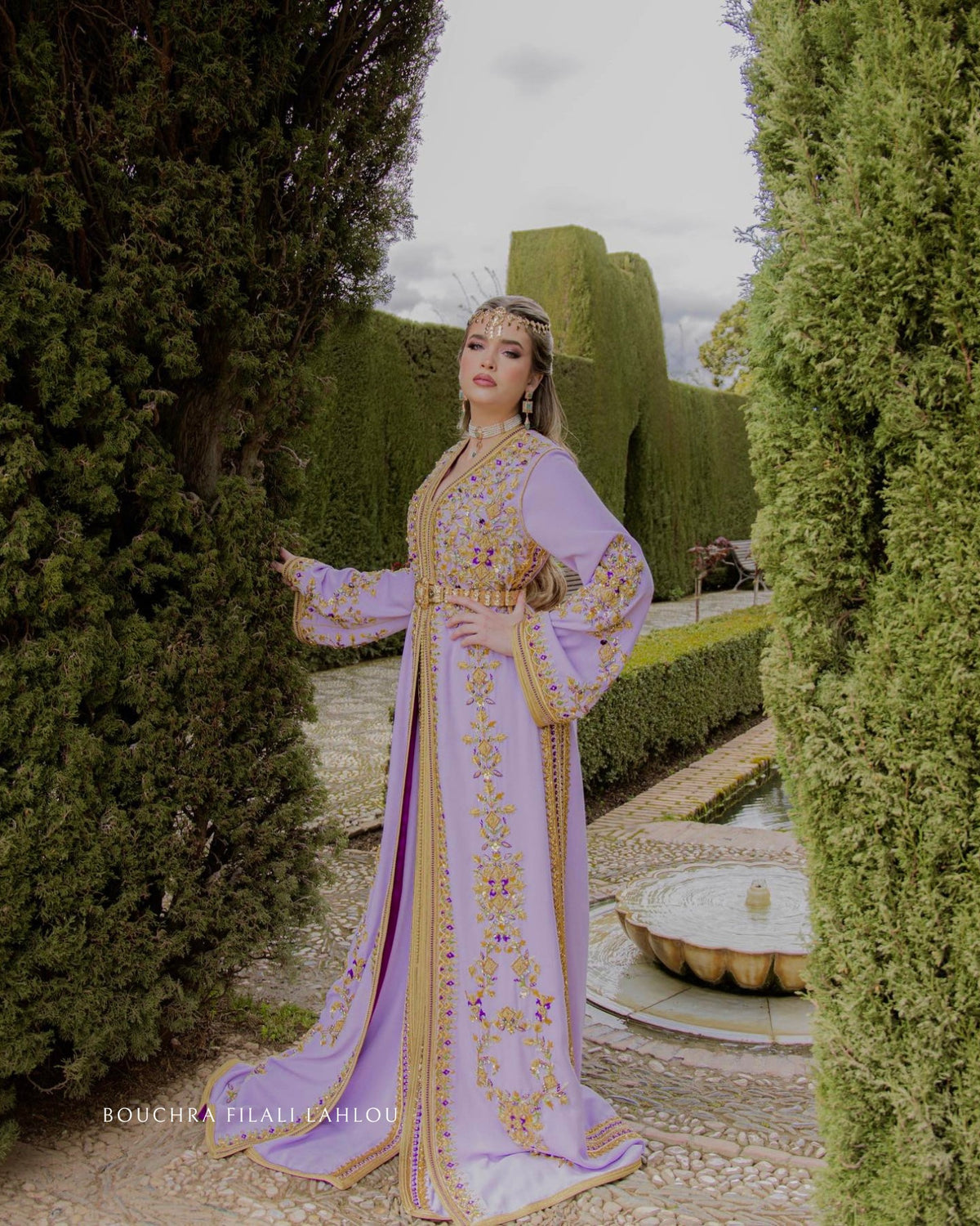 Lavender Majestic embroidery detail on luxury Moroccan kaftan