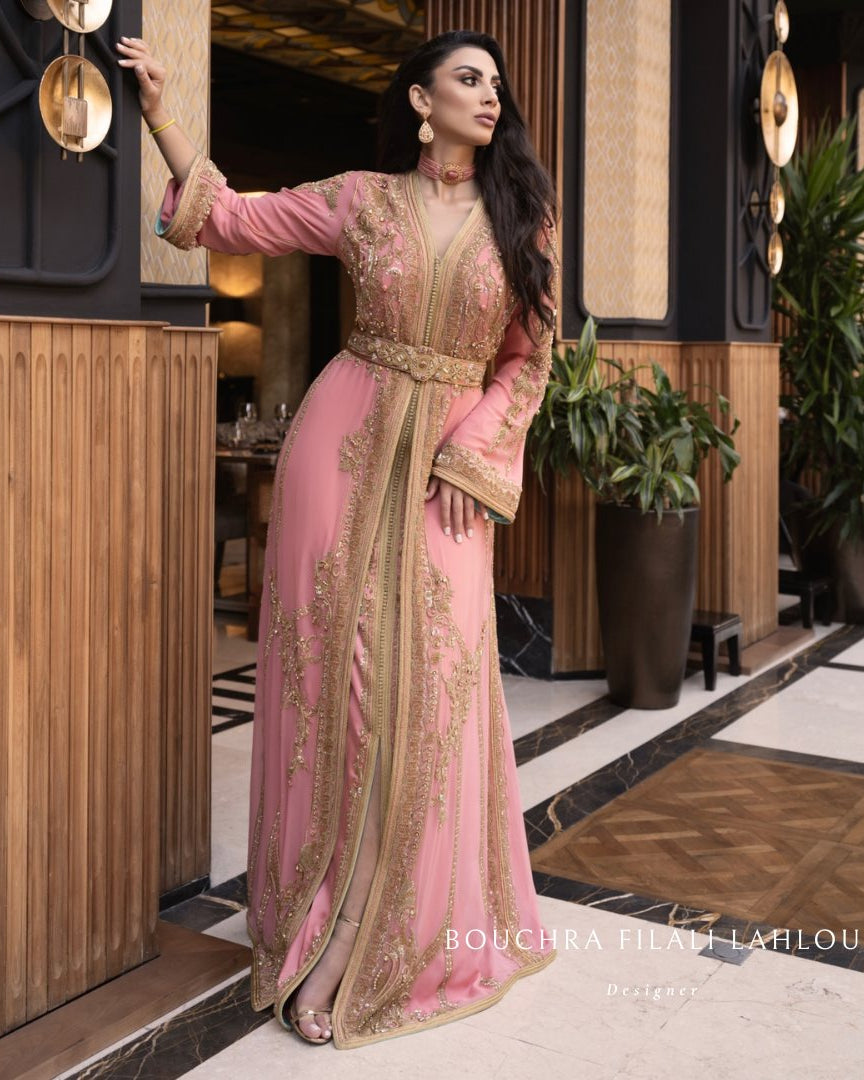 Pink Gold gold Moroccan kaftan view with couture detail