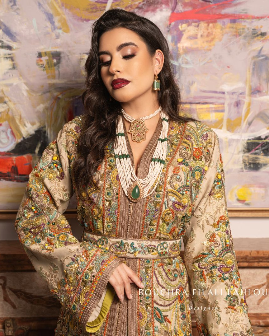 Colored Emerald embroidery detail on luxury Moroccan kaftan