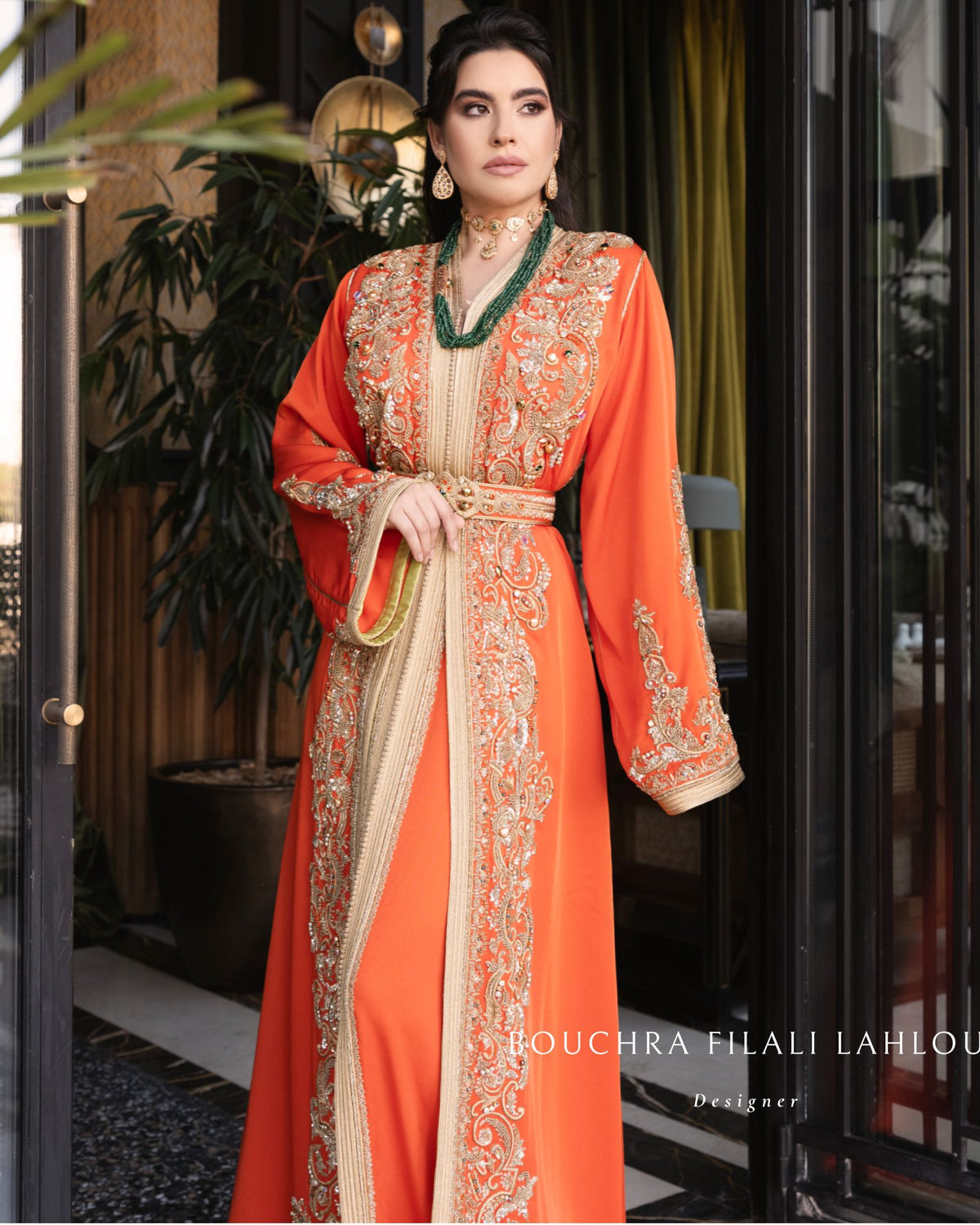 Orange Gold orange Moroccan kaftan view with embroidery