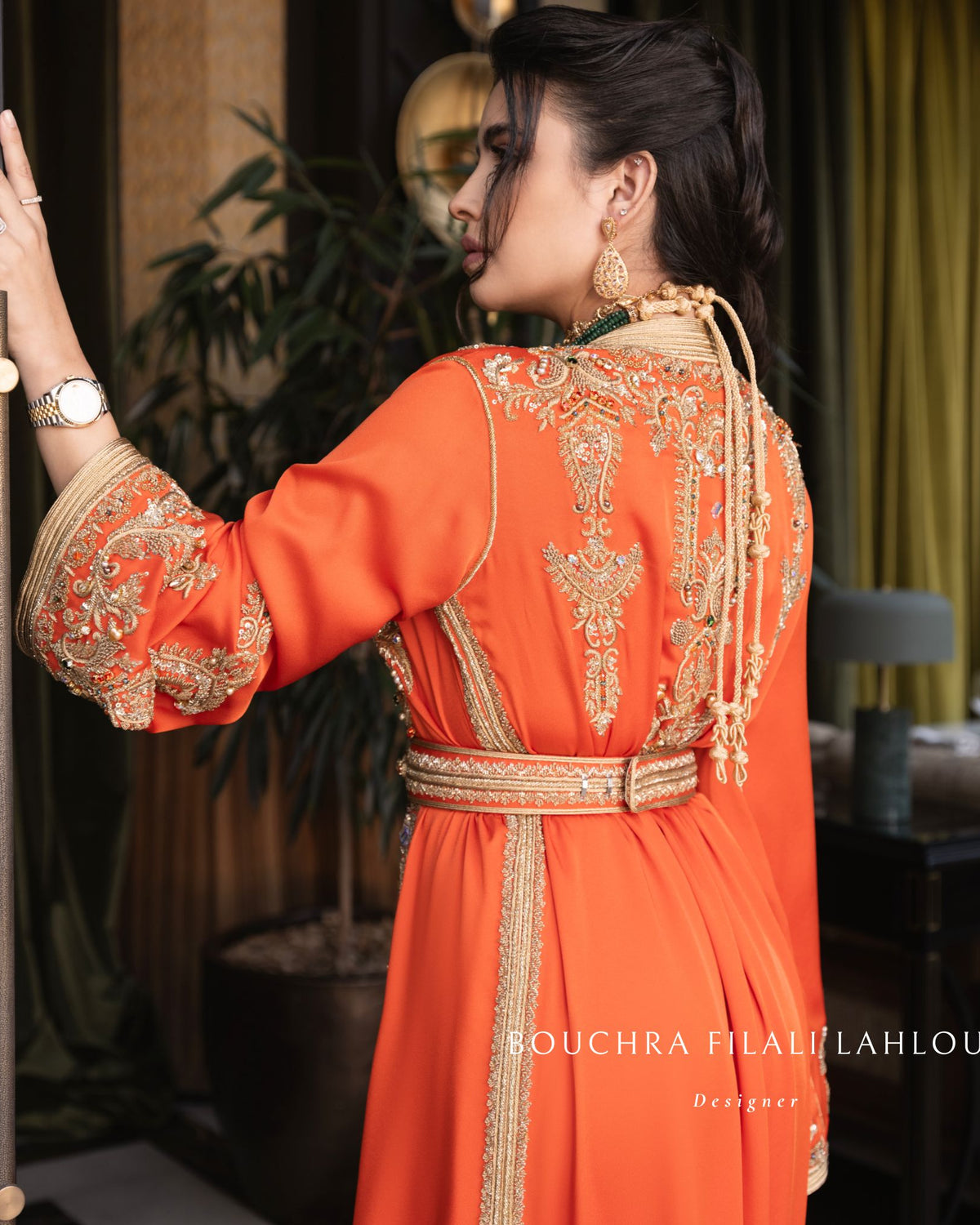 Orange Gold embroidery detail on Moroccan caftan