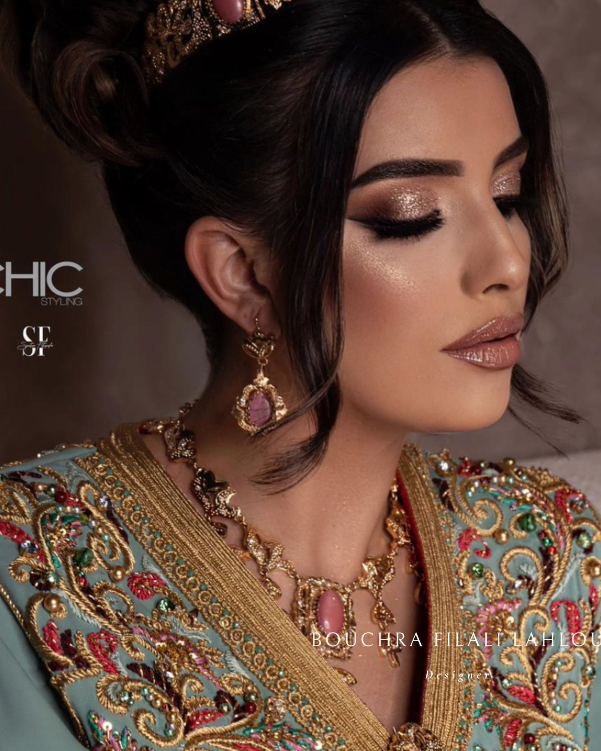 Vert Nariman silk drape detail on luxury Moroccan kaftan