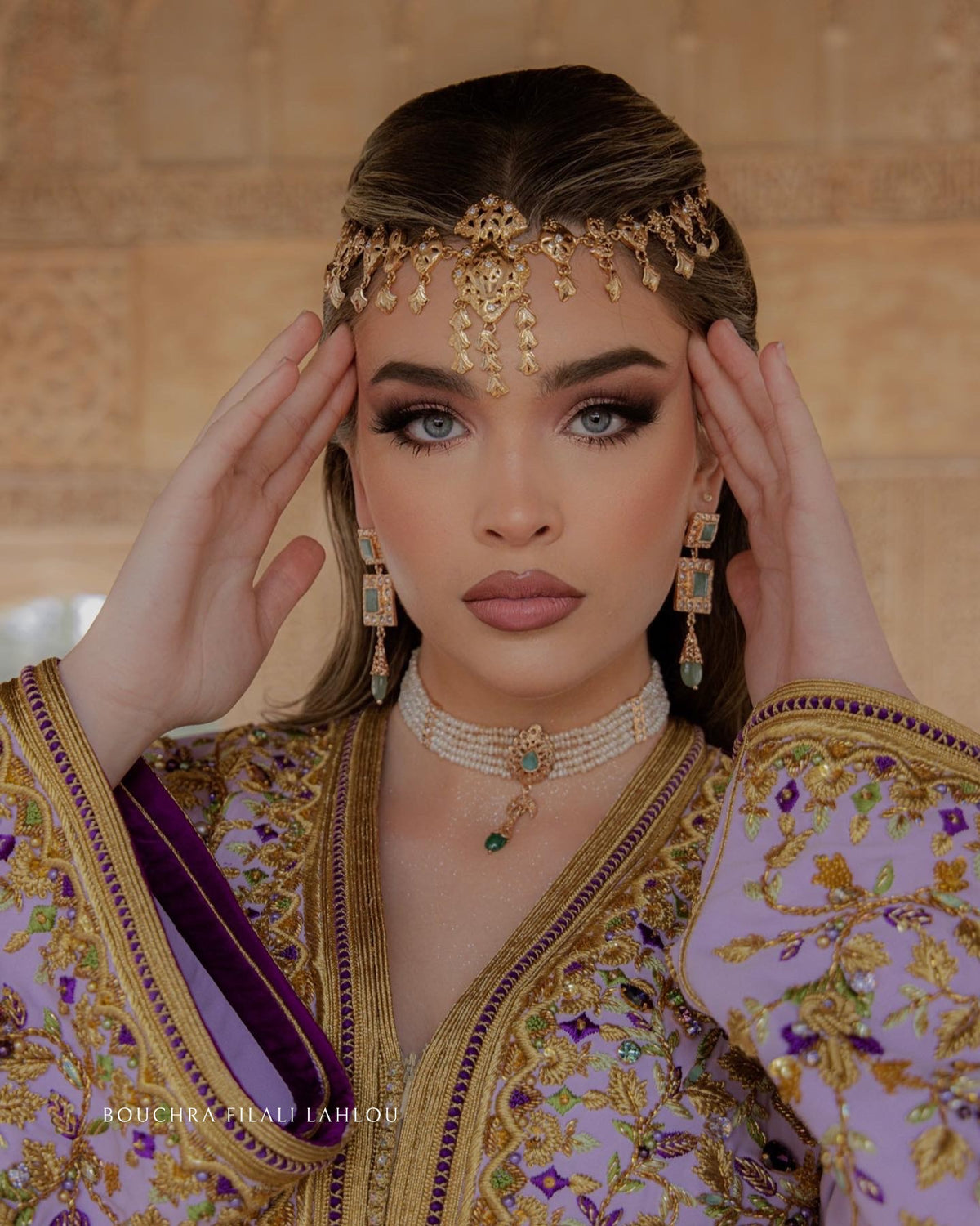 Lavender Majestic gold Moroccan kaftan view with embroidery
