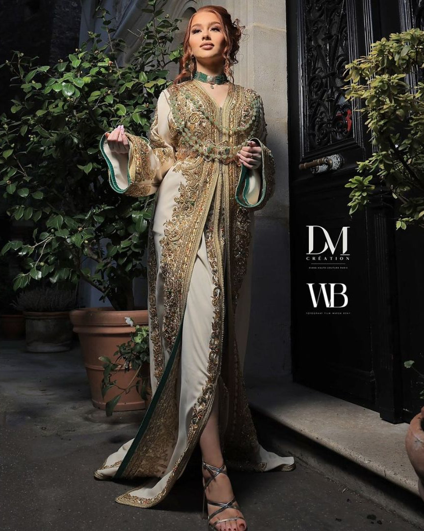 Khadija Ivory embroidery detail on Moroccan caftan