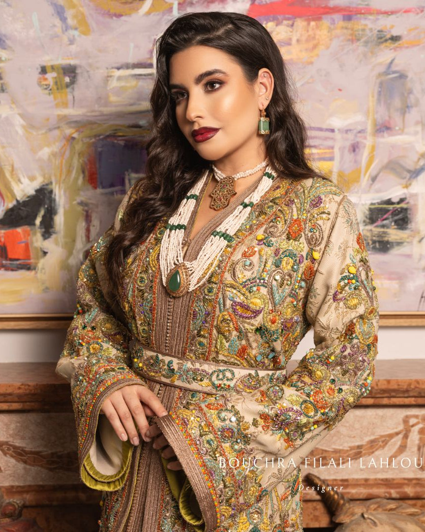 Colored Emerald قفطان مغربي with emerald green embroidery