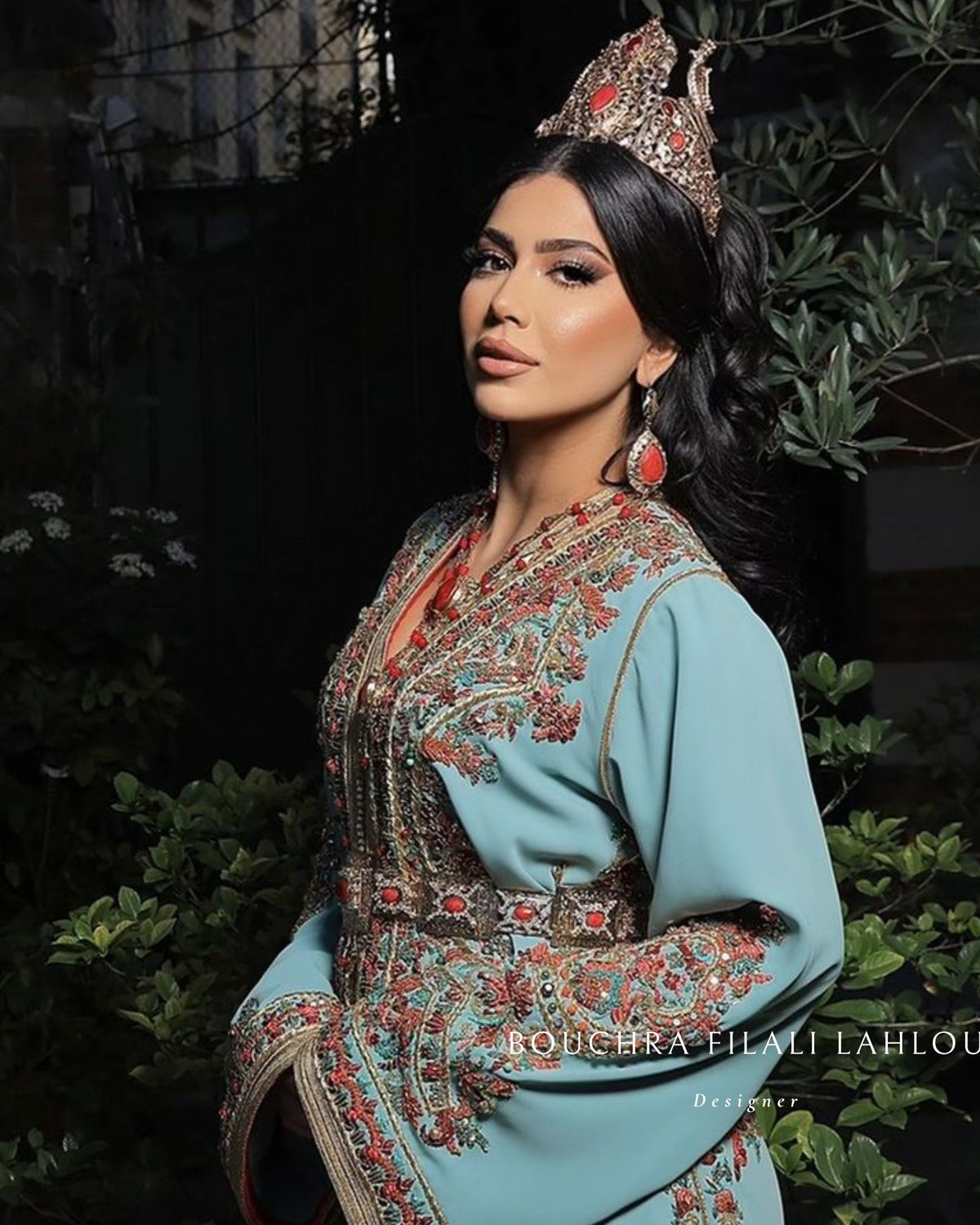 Midnight Line embroidery detail on luxury Moroccan kaftan