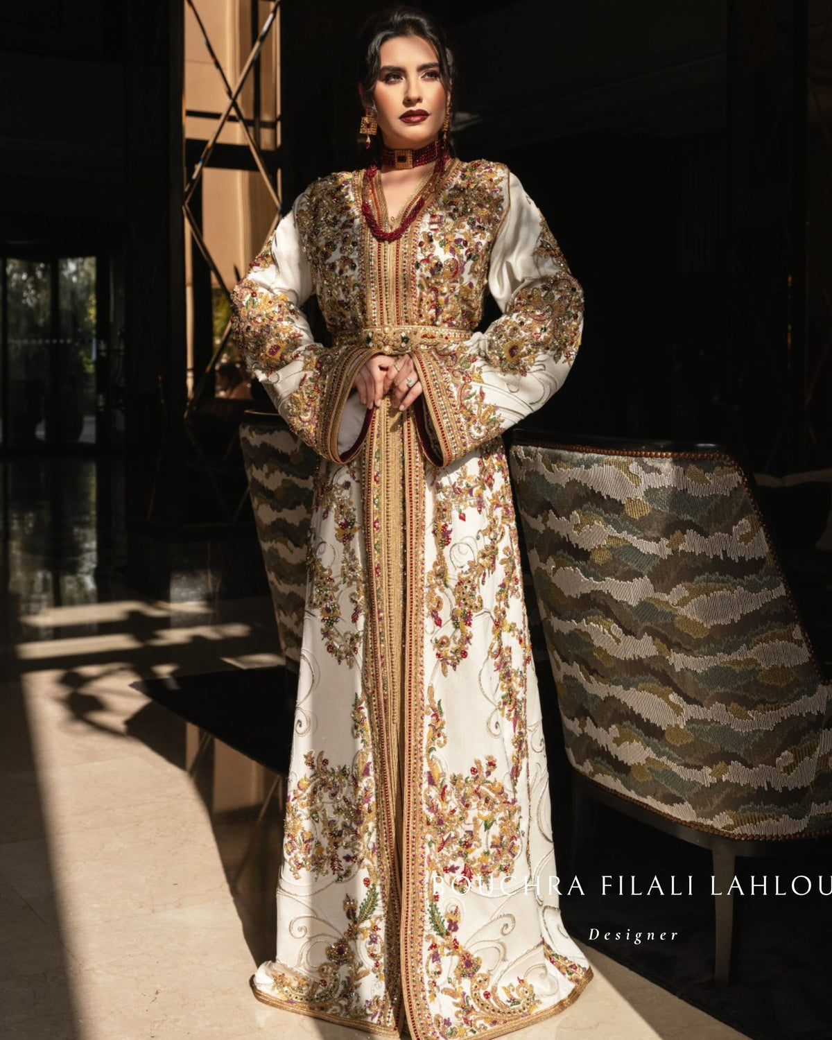 White Gold white Moroccan kaftan view with embroidery