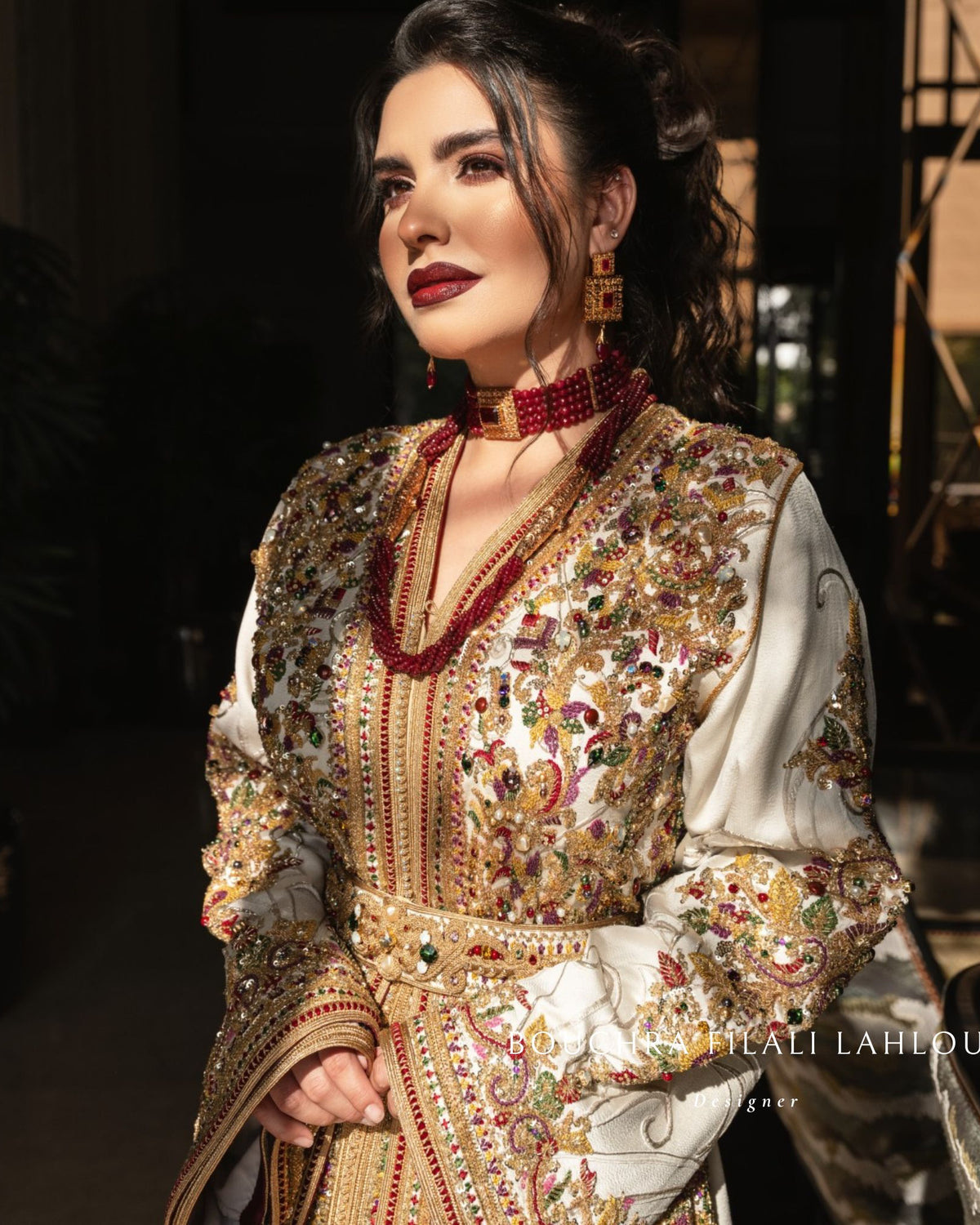White Gold embroidery detail on luxury Moroccan kaftan