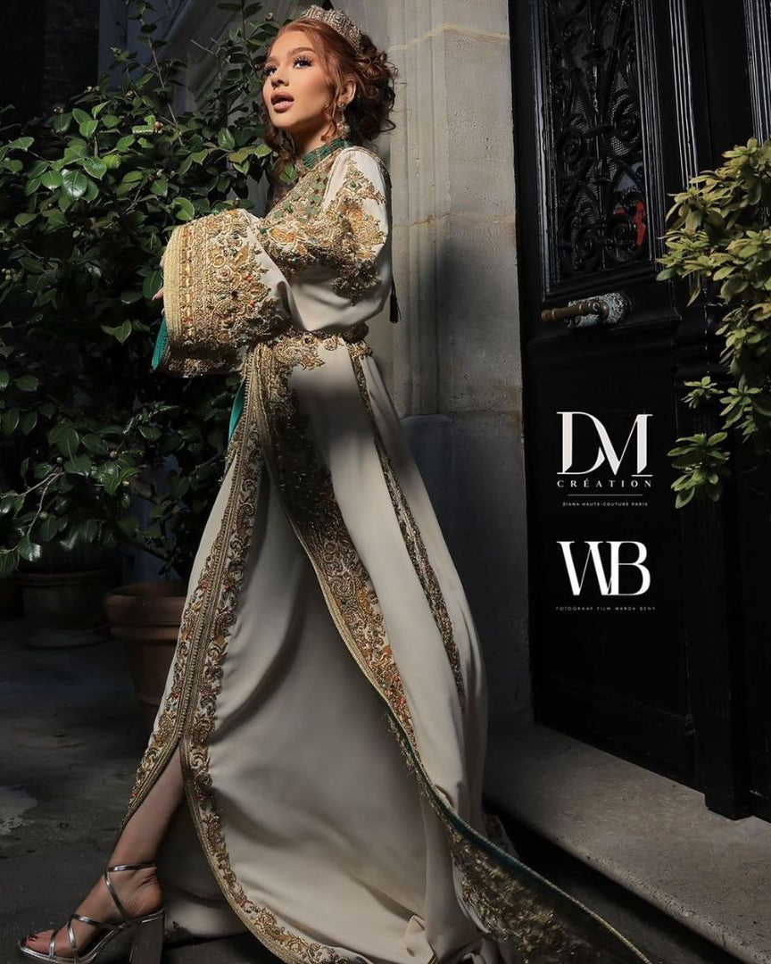 Khadija Ivory couture kaftan in refined ivory embroidery