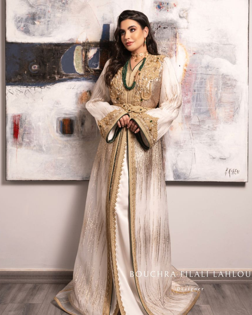 Ivory Contour ivory Moroccan kaftan view with embroidery
