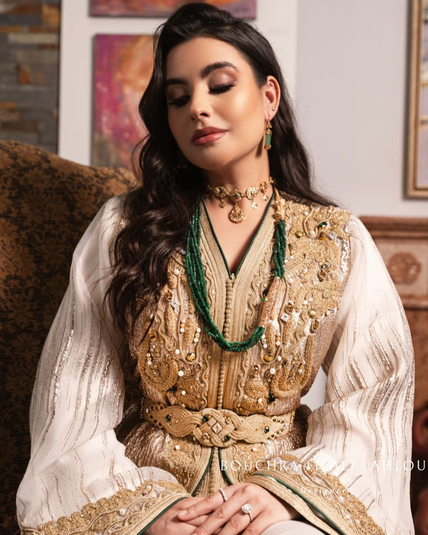 Ivory Contour embroidery detail on luxury Moroccan kaftan