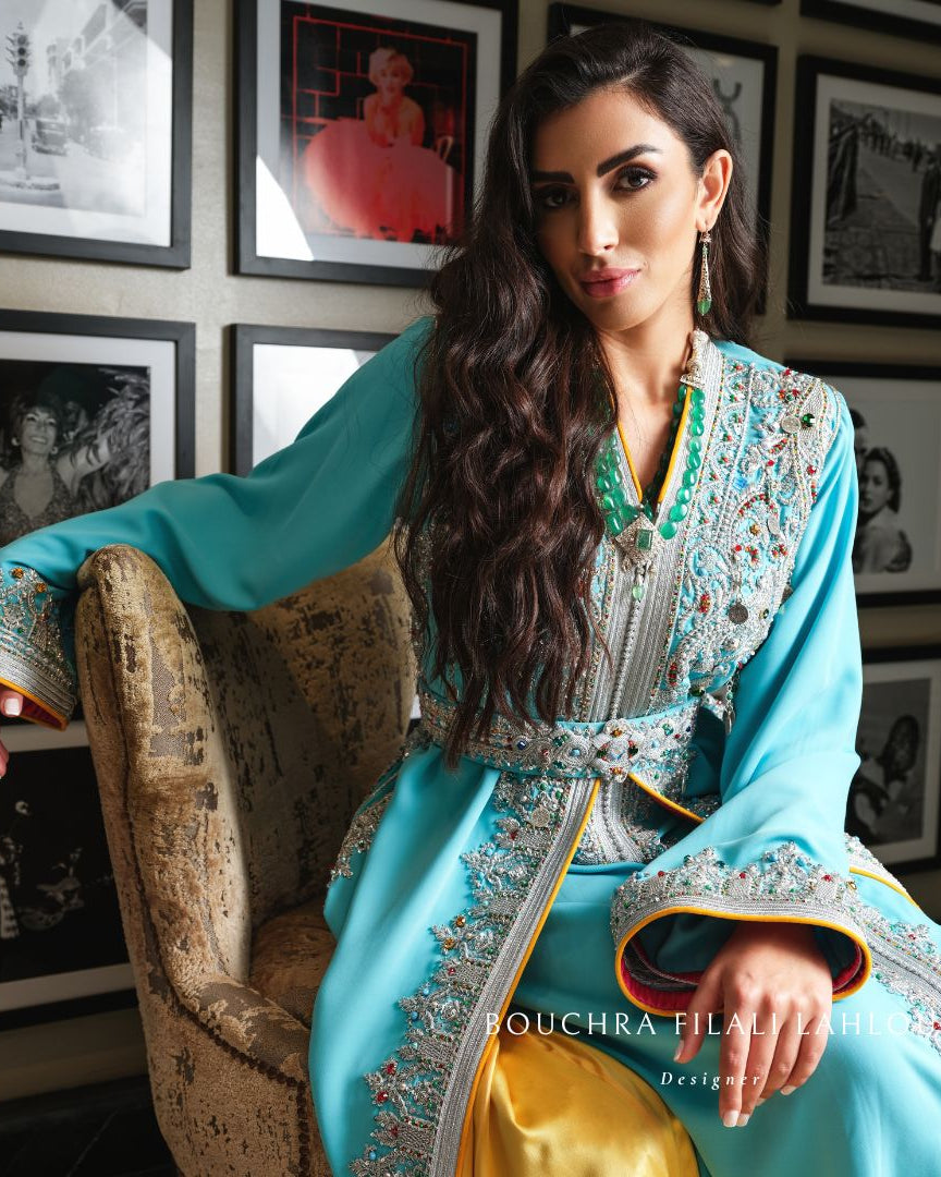 Blue Berber blue Moroccan kaftan view with ornamental detail