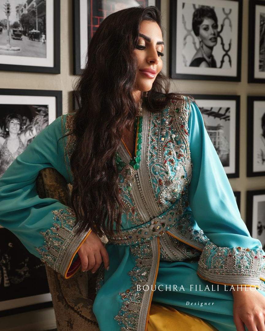 Blue Berber ornamental detail on luxury Moroccan kaftan