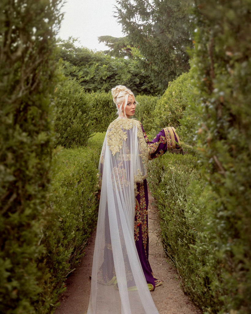Maya Mauve couture kaftan in refined gold embroidery