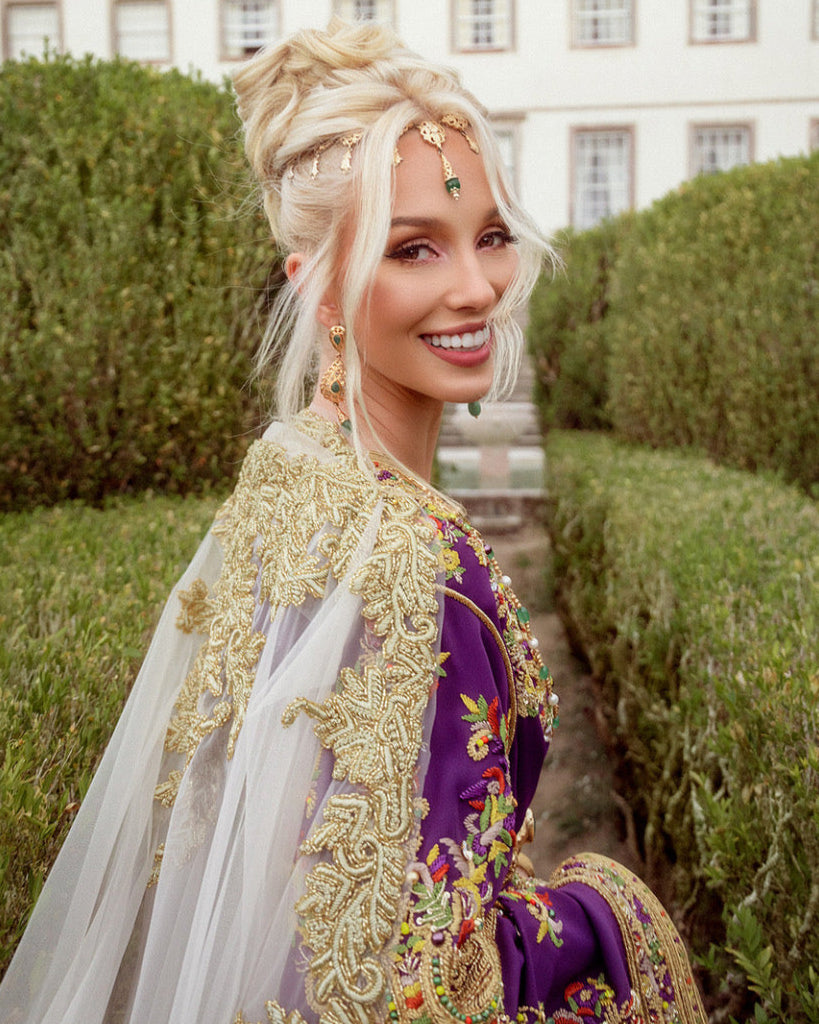 Maya Mauve gold Moroccan kaftan view with embroidery