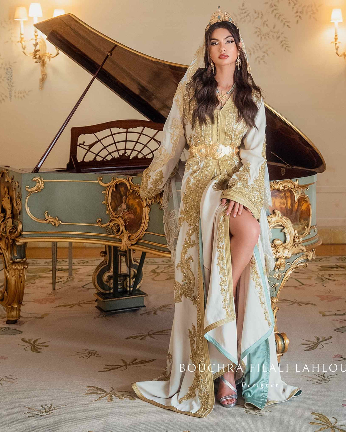 Majestic Melody Golden Ensemble embroidery detail on Moroccan caftan