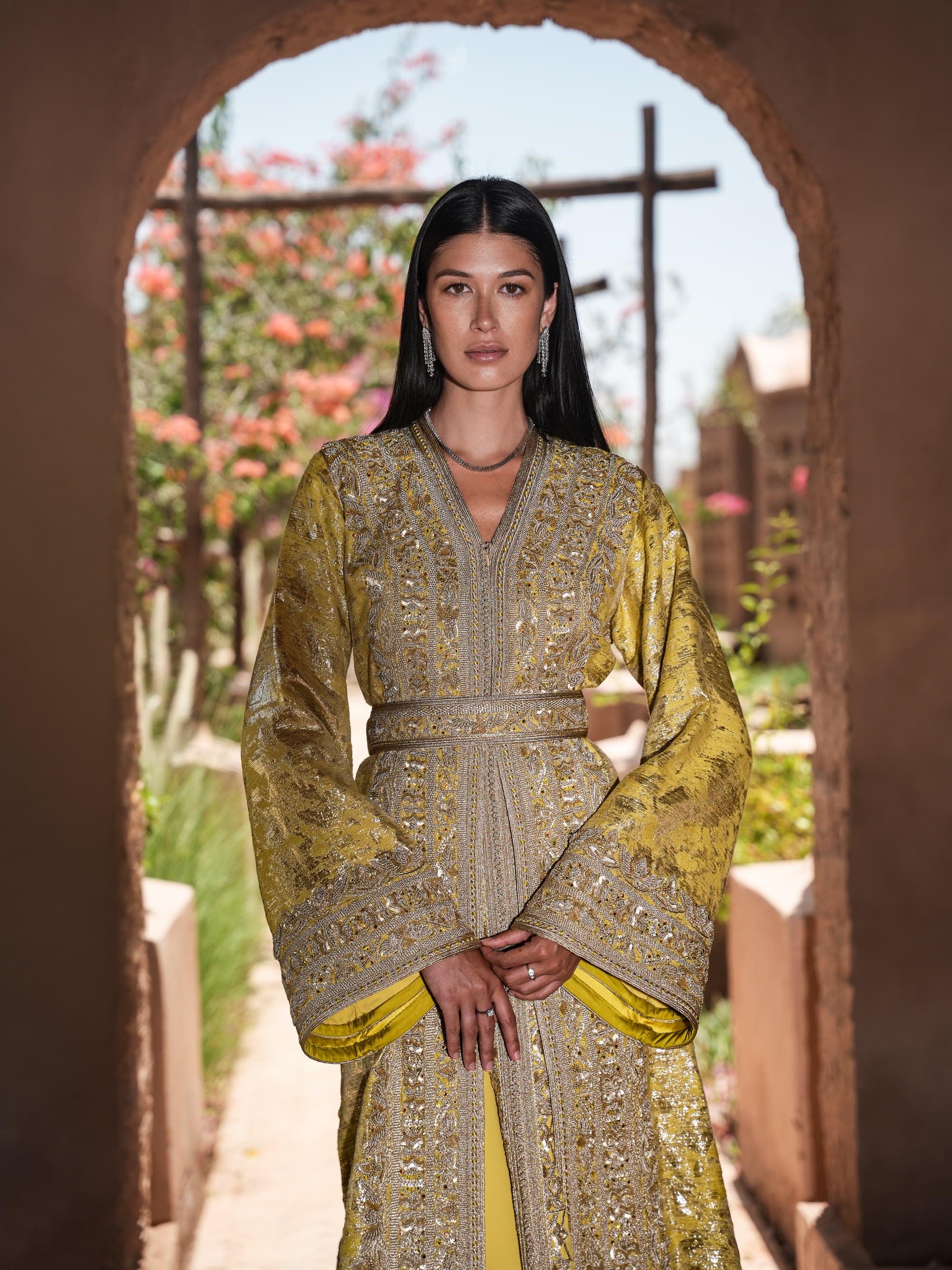 Citron Prelude anise yellow brocade lamé Moroccan kaftan with silver embroidery