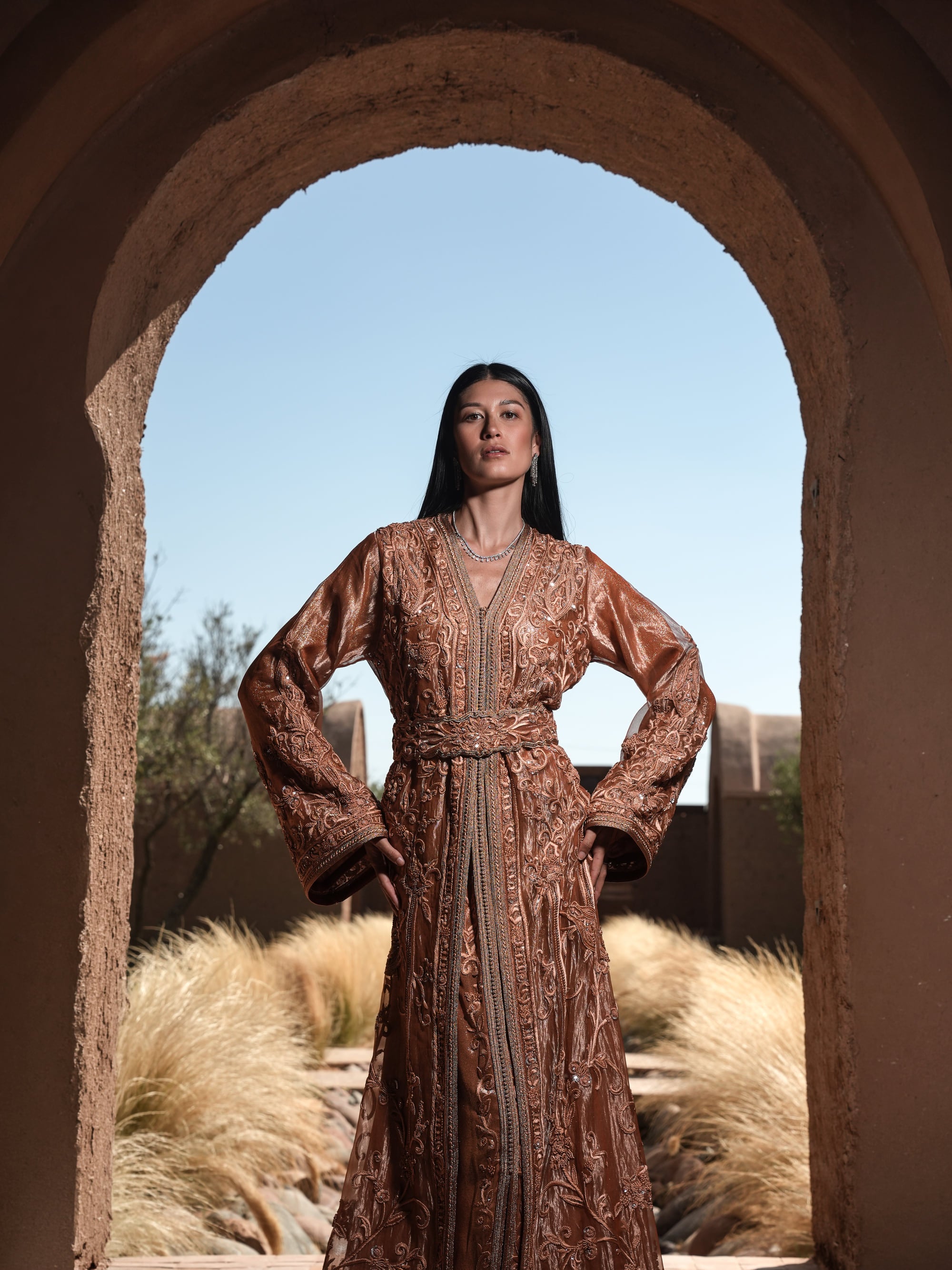 Copper Solstice devoré copper velvet Moroccan kaftan with tone-on-tone embroidery