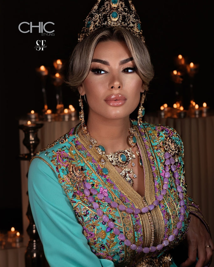 Azure Line couture kaftan in refined gold embroidery