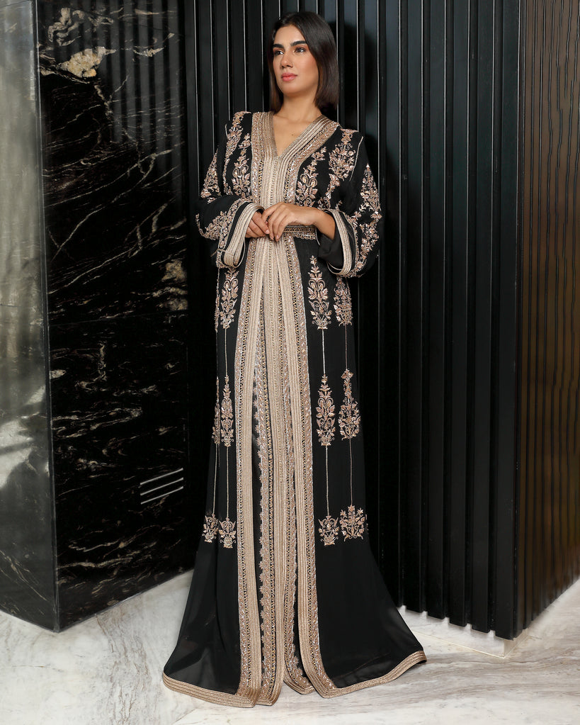 Noir Rose crepe drape detail on Moroccan caftan