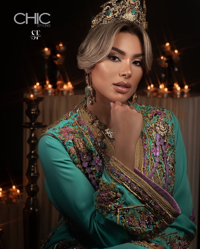 Azure Line embroidery detail on luxury Moroccan kaftan