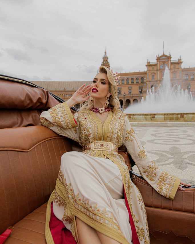 Golden Line gold Moroccan kaftan view with embroidery