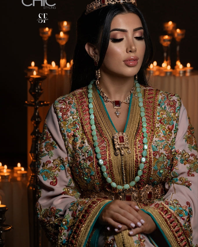 Malika embroidery detail on luxury Moroccan kaftan