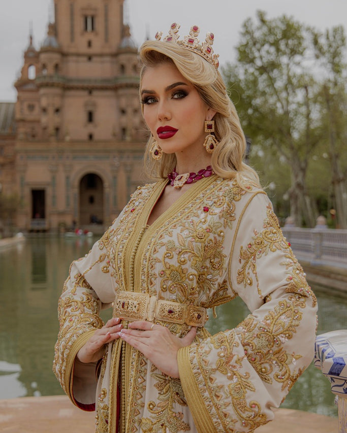Golden Line embroidery detail on luxury Moroccan kaftan