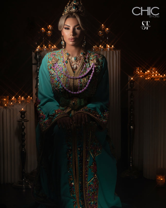 Azure Line gold Moroccan kaftan view with embroidery
