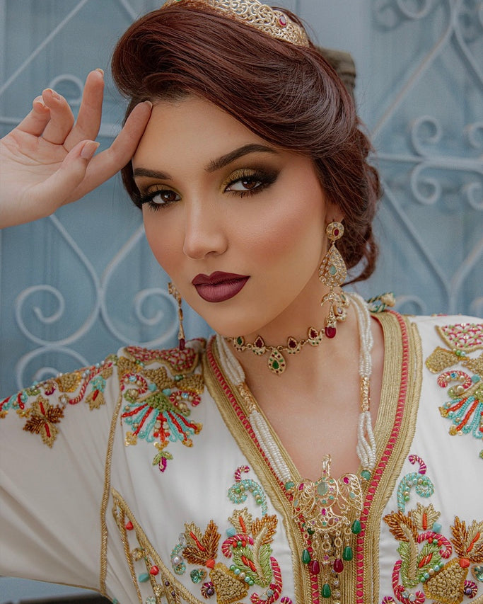 Pearl Presence embroidery detail on luxury Moroccan kaftan