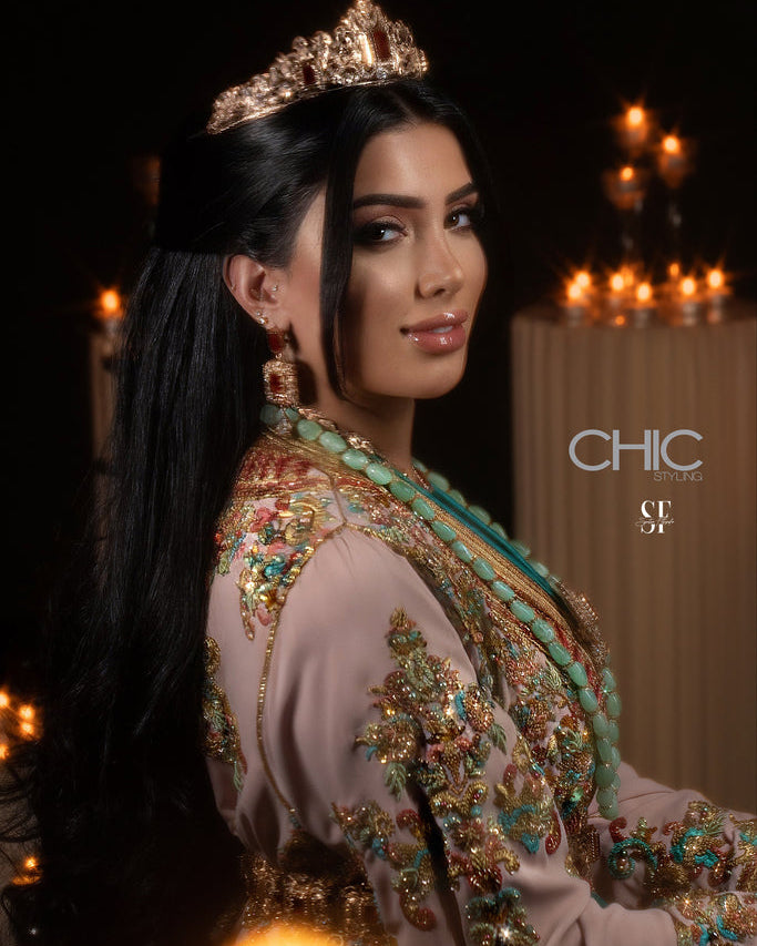 Malika gold Moroccan kaftan view with embroidery
