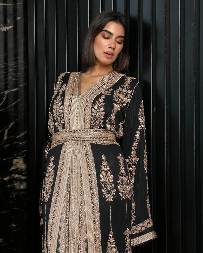 Noir Rose black Moroccan caftan with refined crepe drape