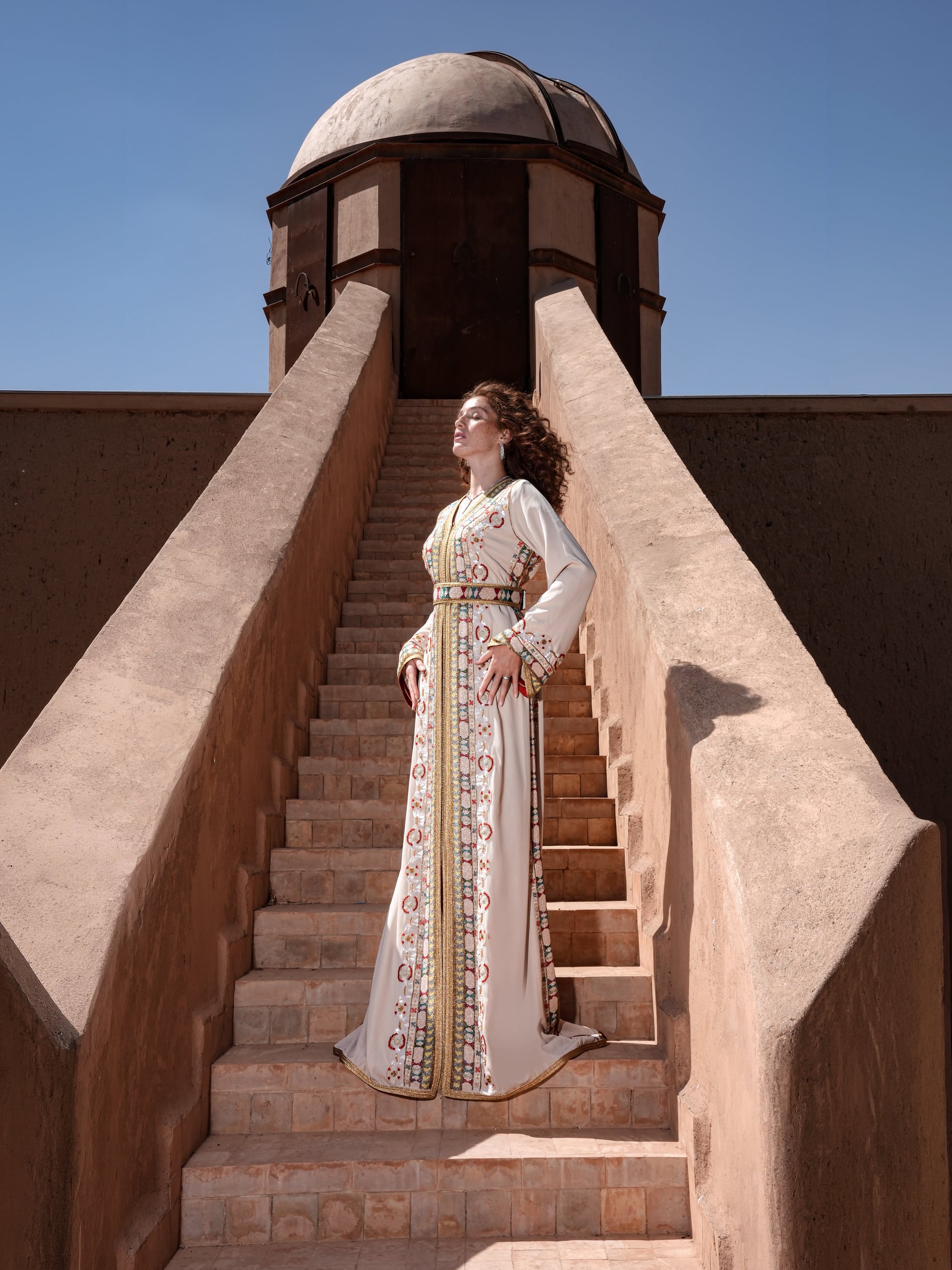 Ecru Tapestry ecru Moroccan kaftan with bands of polychrome beading, full-length view