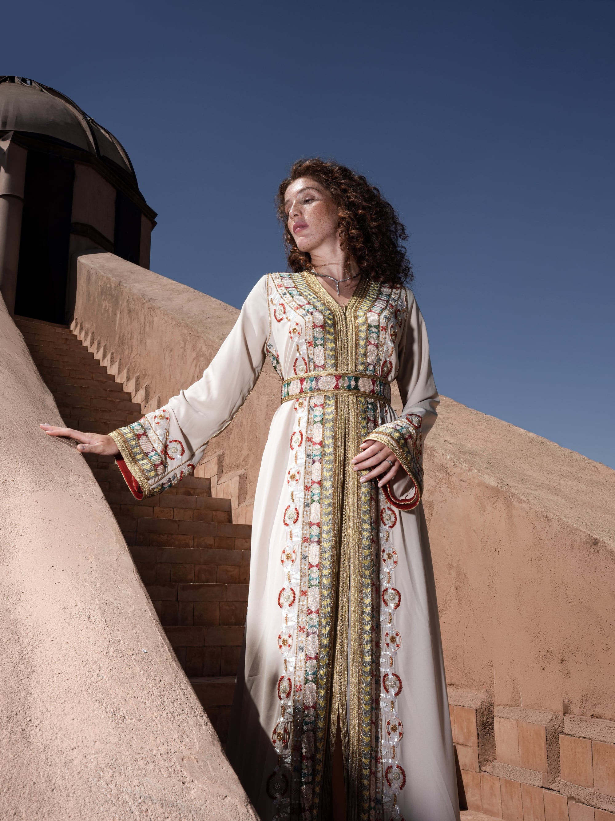 Ecru Tapestry ecru Moroccan kaftan with bands of polychrome beading