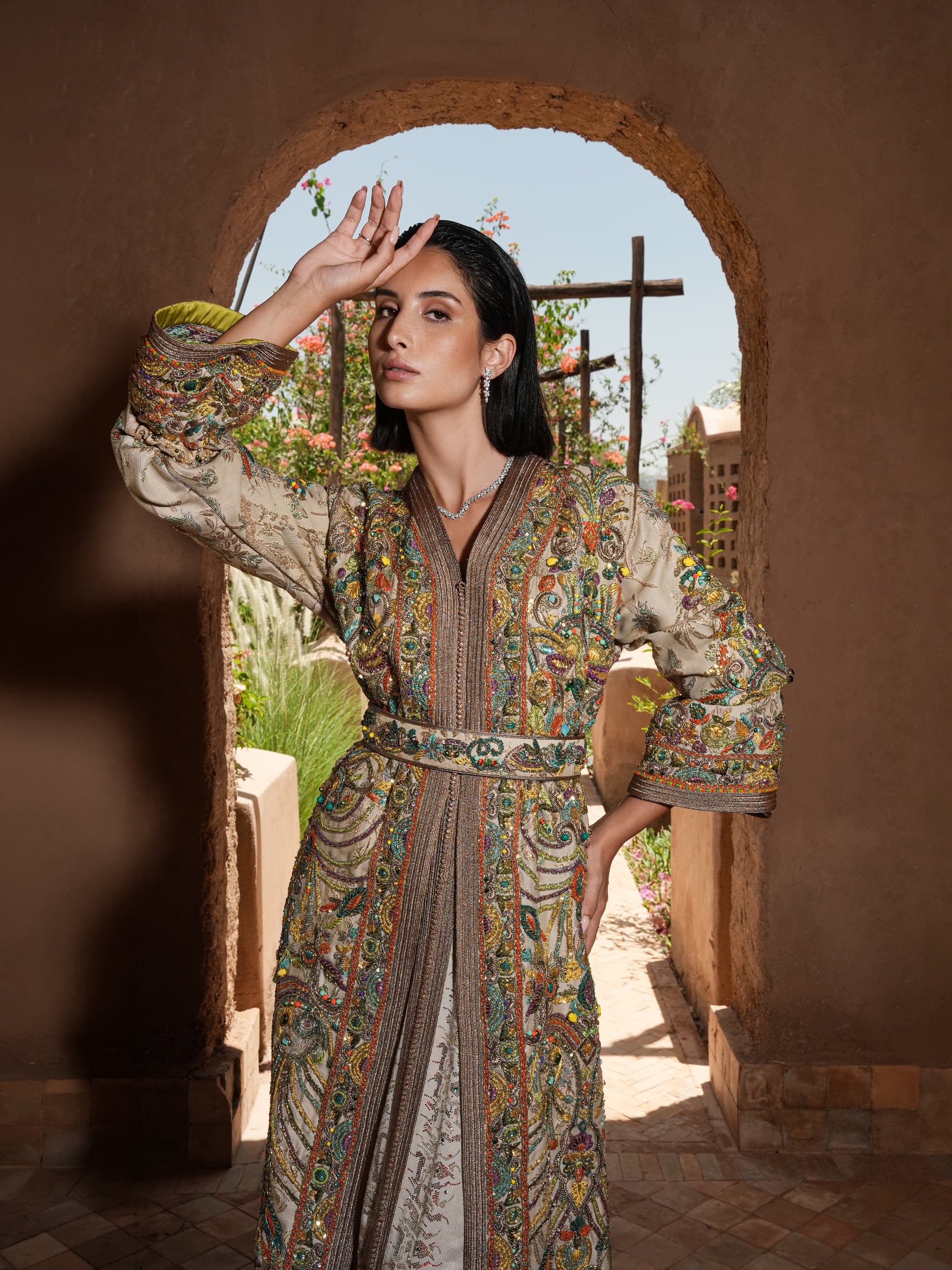 Mosaic Alcove beige silk Moroccan kaftan with polychrome beaded paisley embroidery in a Persian garden motif