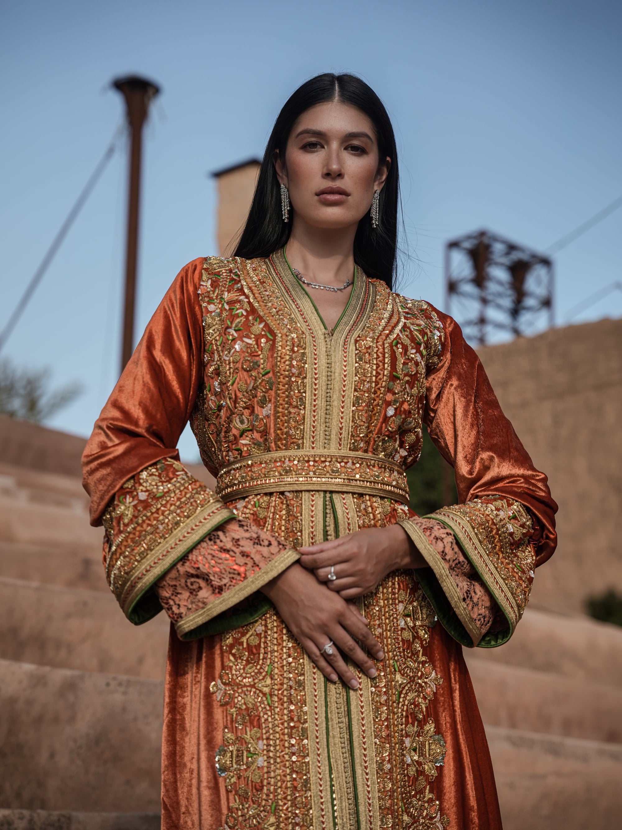 Terracotta Zenith rust velvet Moroccan kaftan with gold and green embroidery