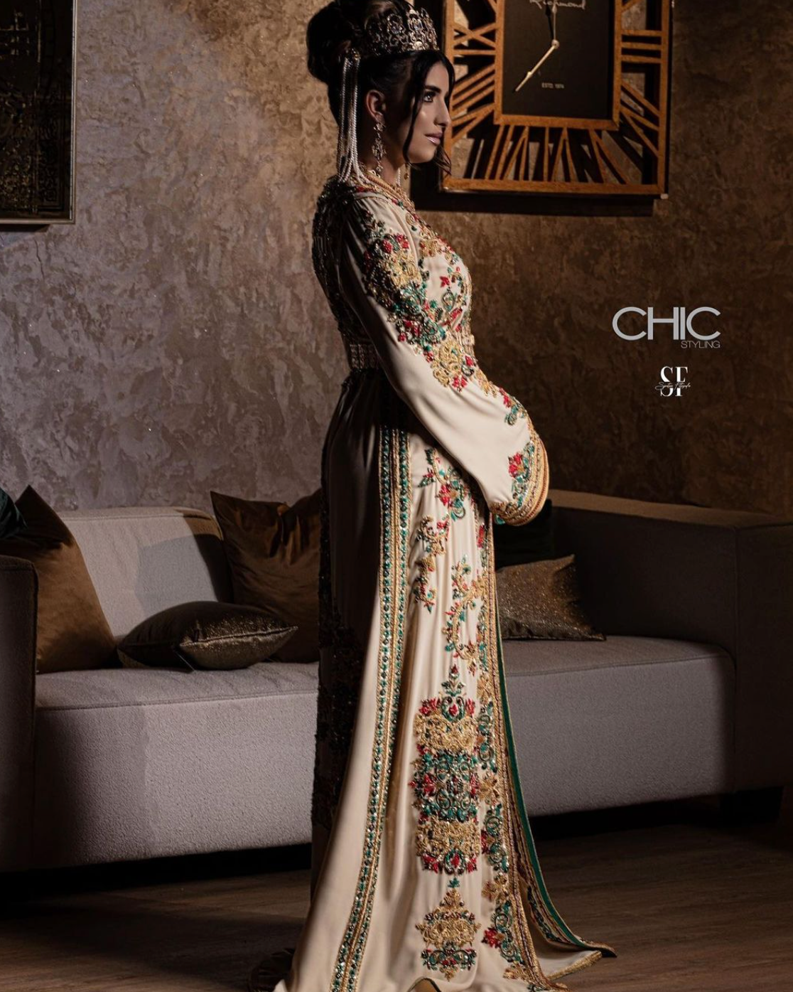 Sand Pearl ivory Moroccan kaftan view with embroidery