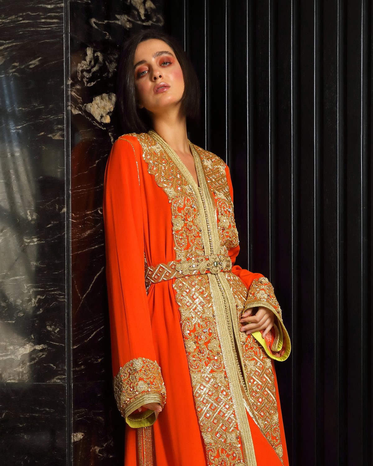 Coral Solstice crepe drape detail on luxury Moroccan kaftan