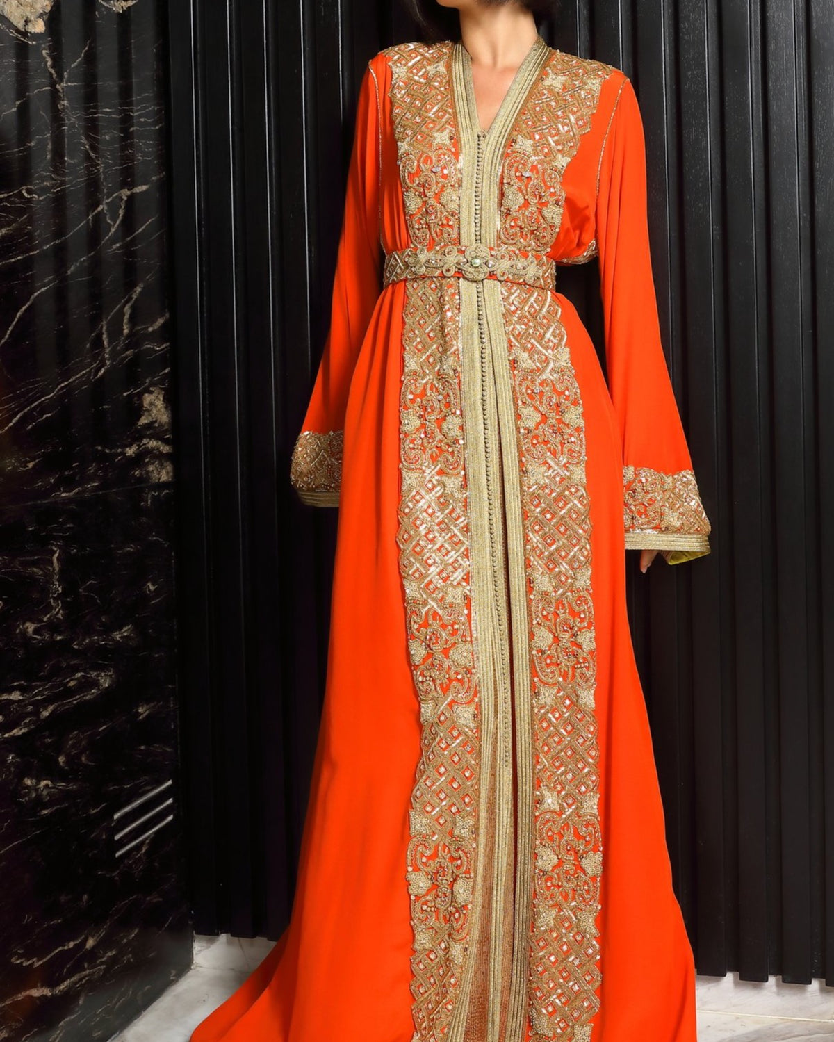 Coral Solstice orange Moroccan caftan with refined crepe drape